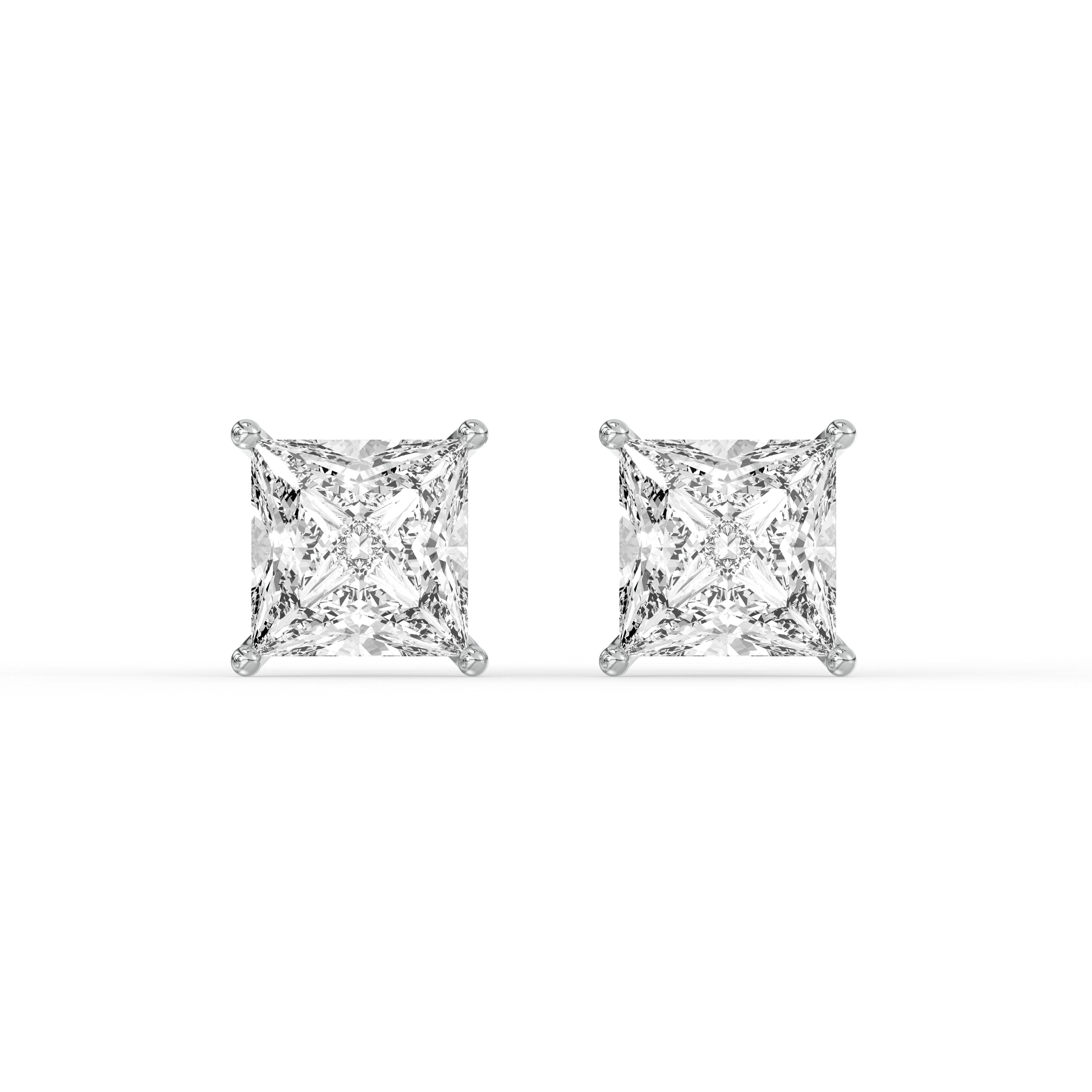 PRINCESS DIAMOND PLATINUM EAR STUDS - ( 2.2CT) showcasing square-cut brilliance in a sleek design.