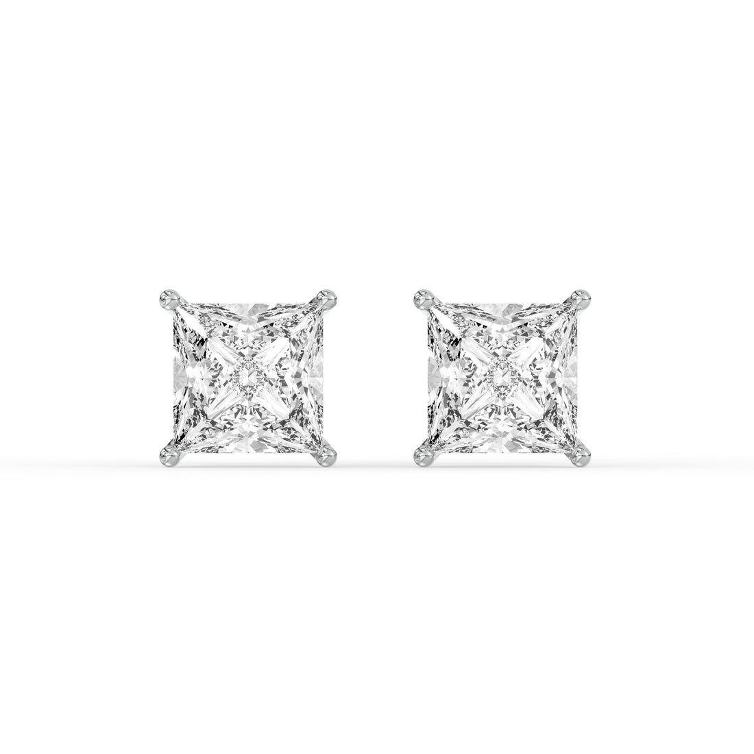 PRINCESS DIAMOND PLATINUM EAR STUDS - ( 2.2CT) showcasing square-cut brilliance in a sleek design.