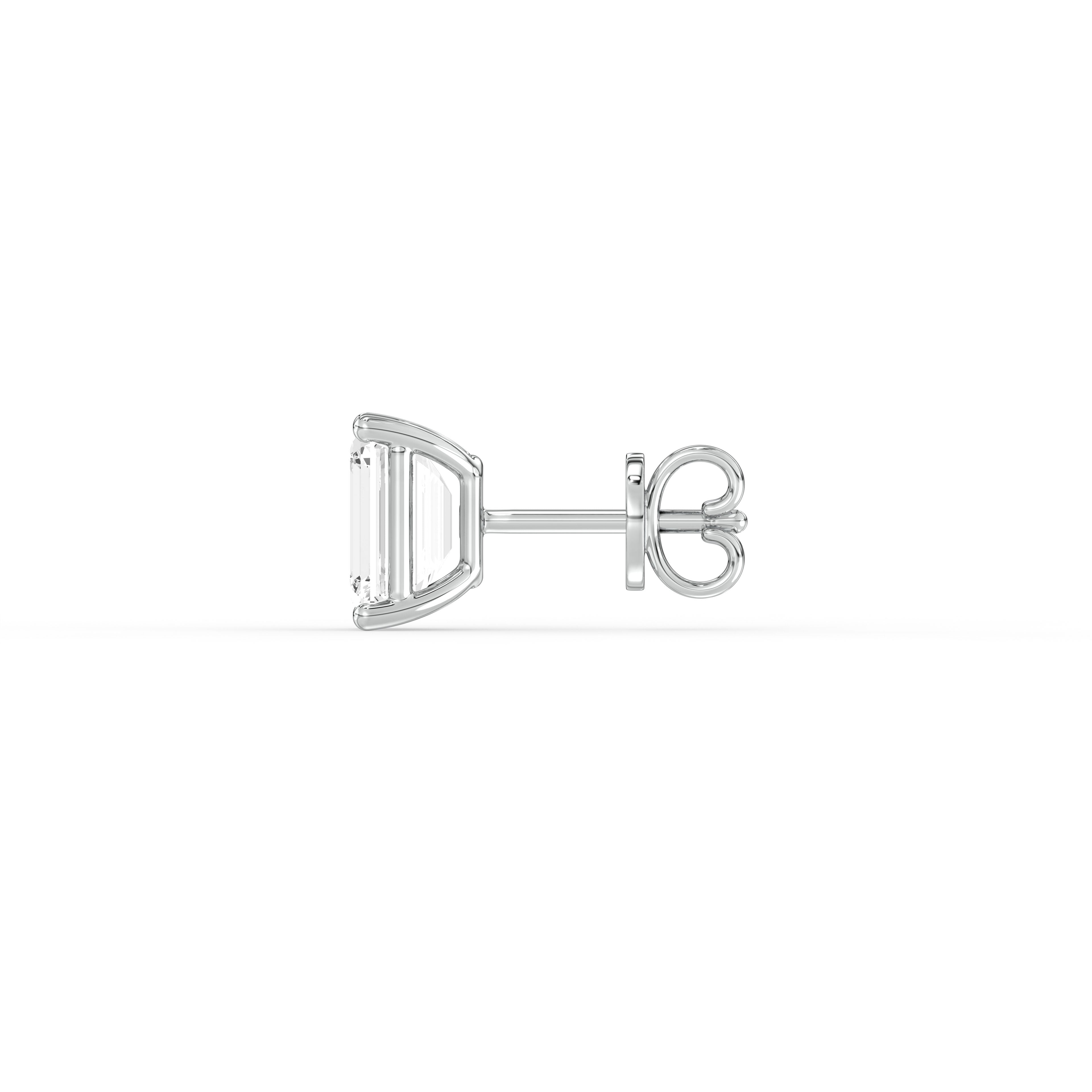 EMERALD DIAMOND PLATINUM EAR STUDS - ( 2.06CT) side view showing detailed design and prong setting.