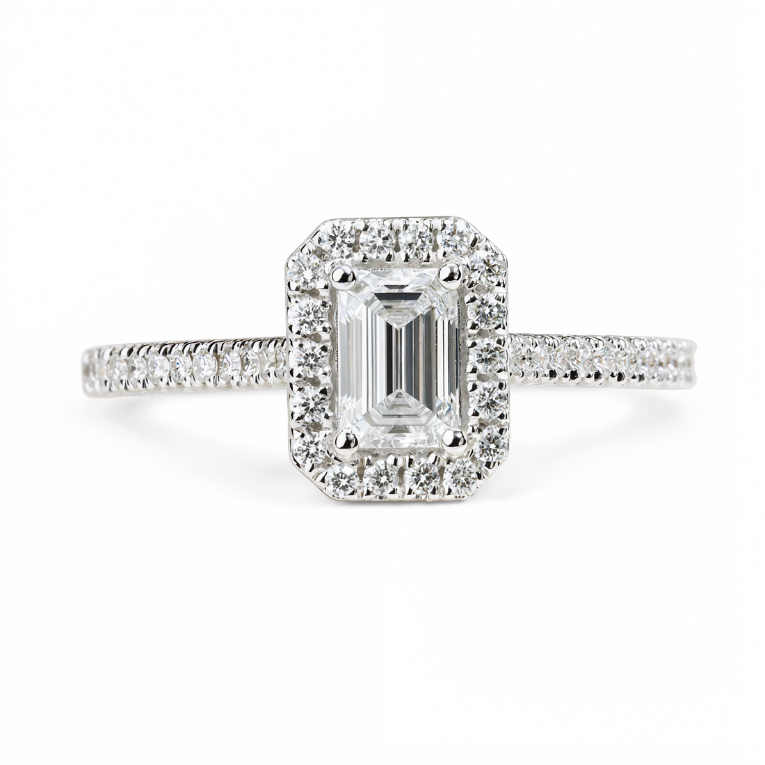 EMERALD CUT WITH HALO & PAVE DIAMOND RING