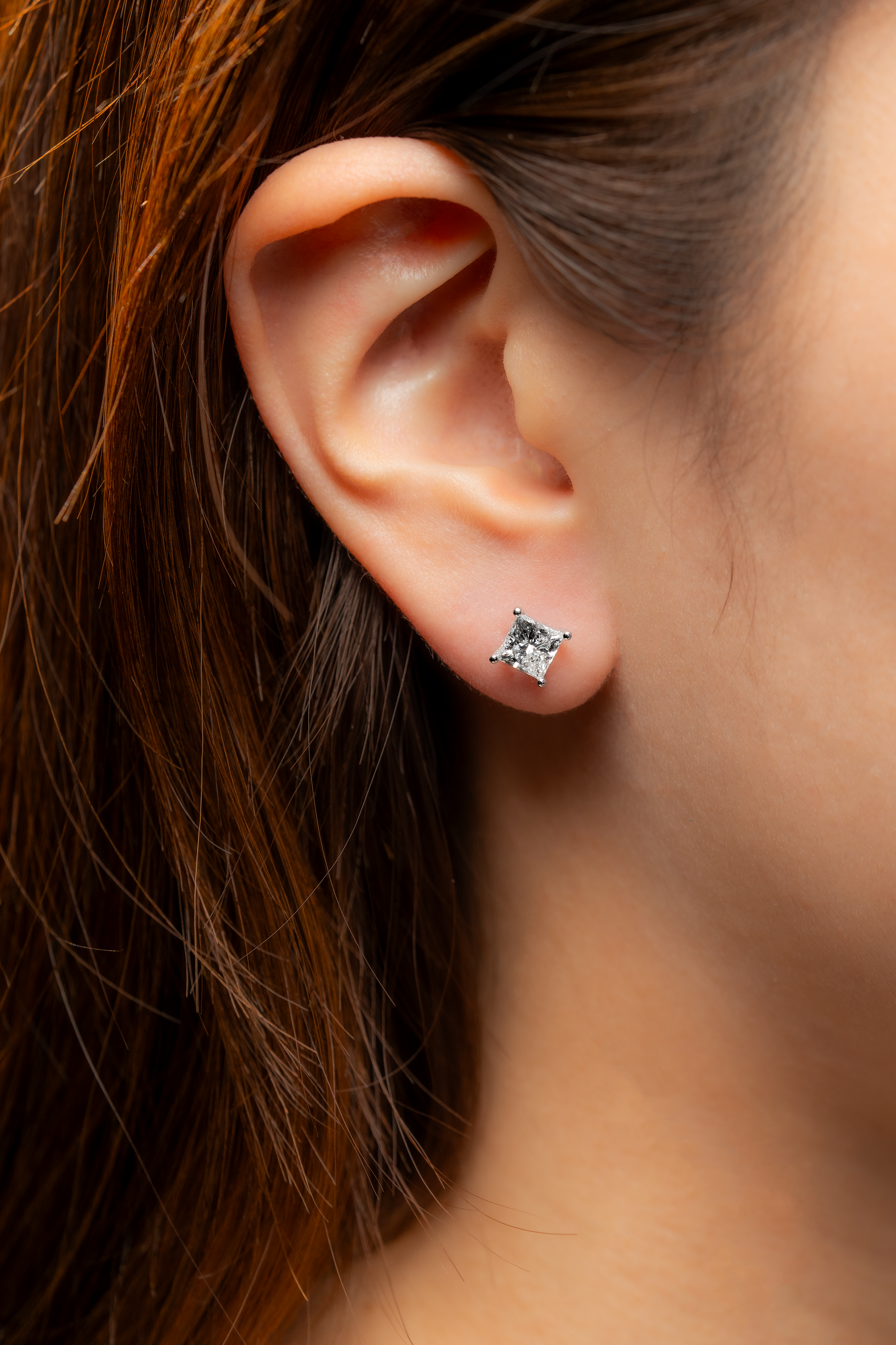 PRINCESS DIAMOND PLATINUM EAR STUDS - ( 2.2CT)