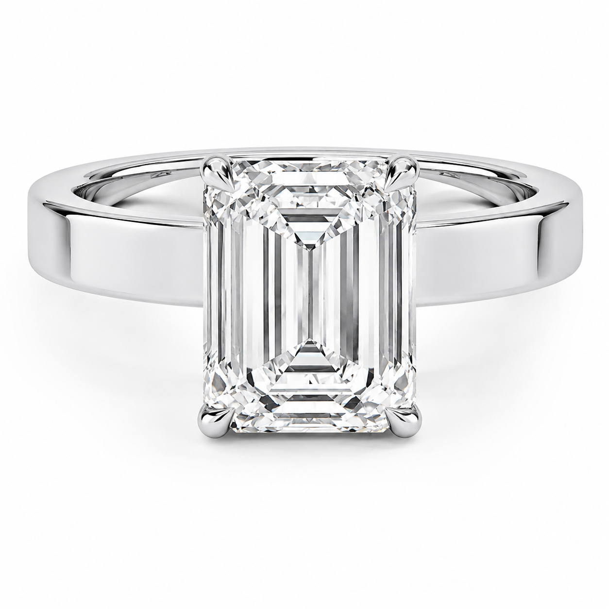 EMERALD CUT DIAMOND SOLITAIRE WIDE FLAT BAND RING