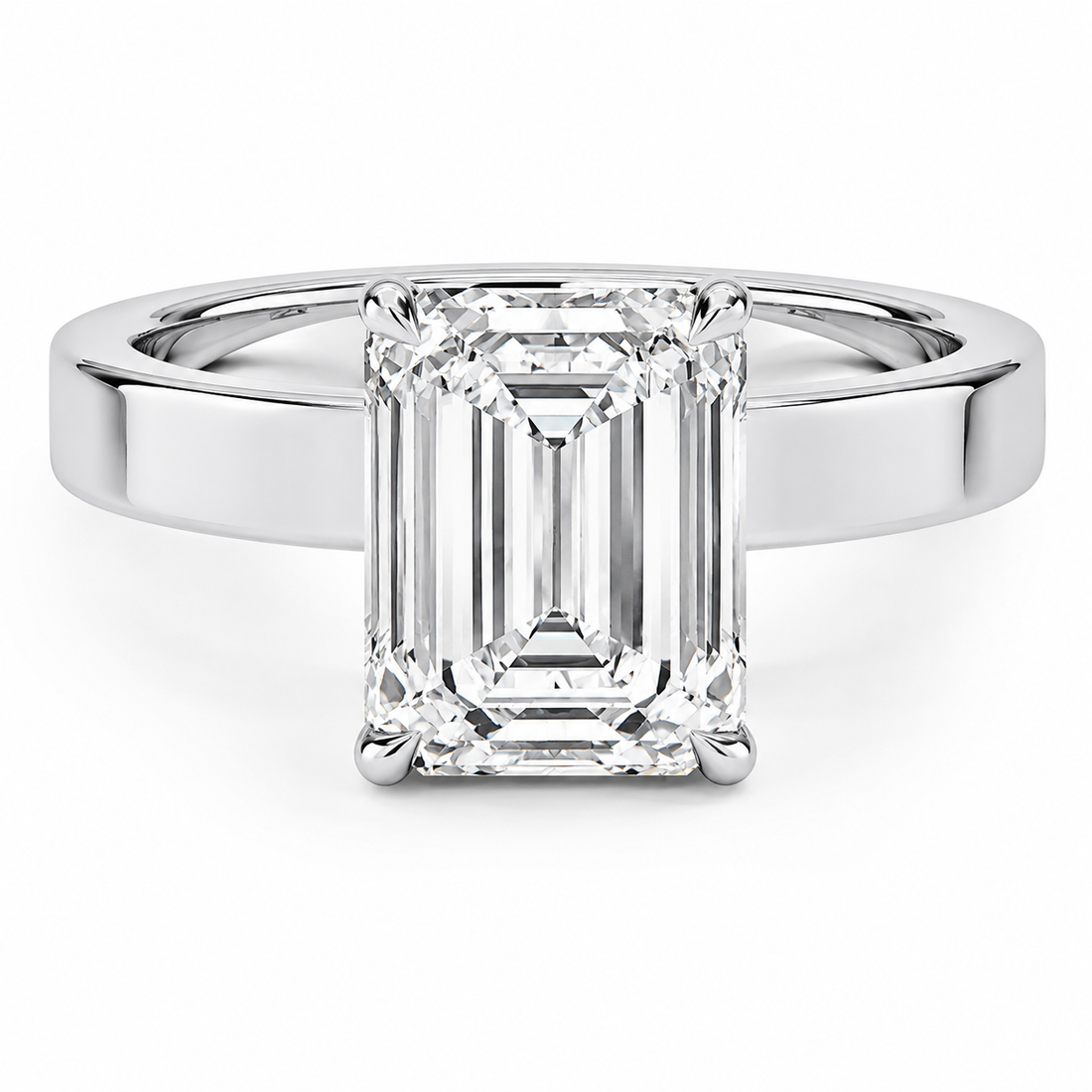 EMERALD CUT DIAMOND SOLITAIRE WIDE FLAT BAND RING