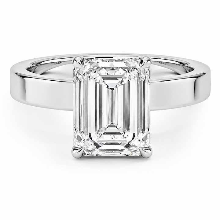 EMERALD CUT DIAMOND SOLITAIRE WIDE FLAT BAND RING