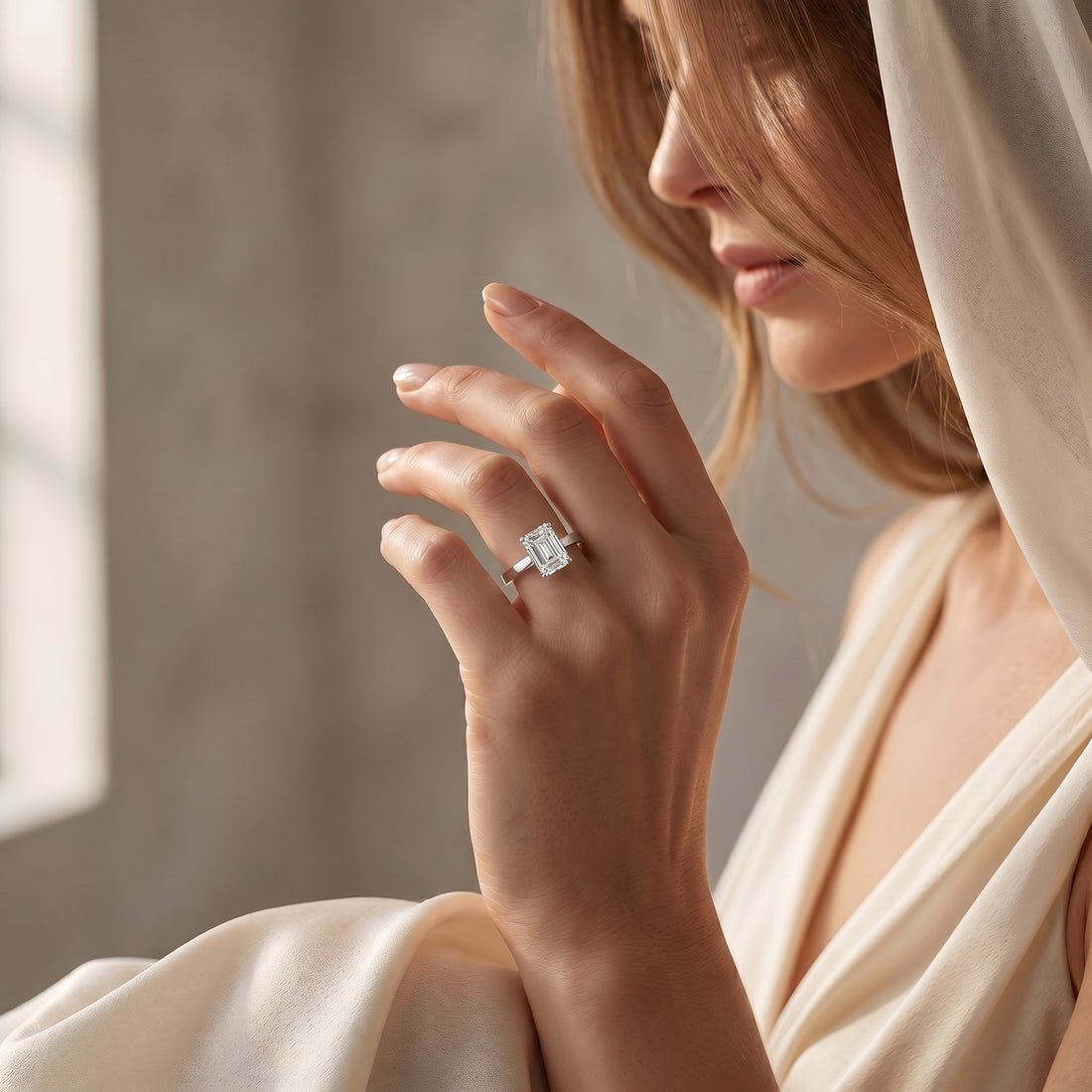 EMERALD CUT DIAMOND SOLITAIRE WIDE FLAT BAND RING