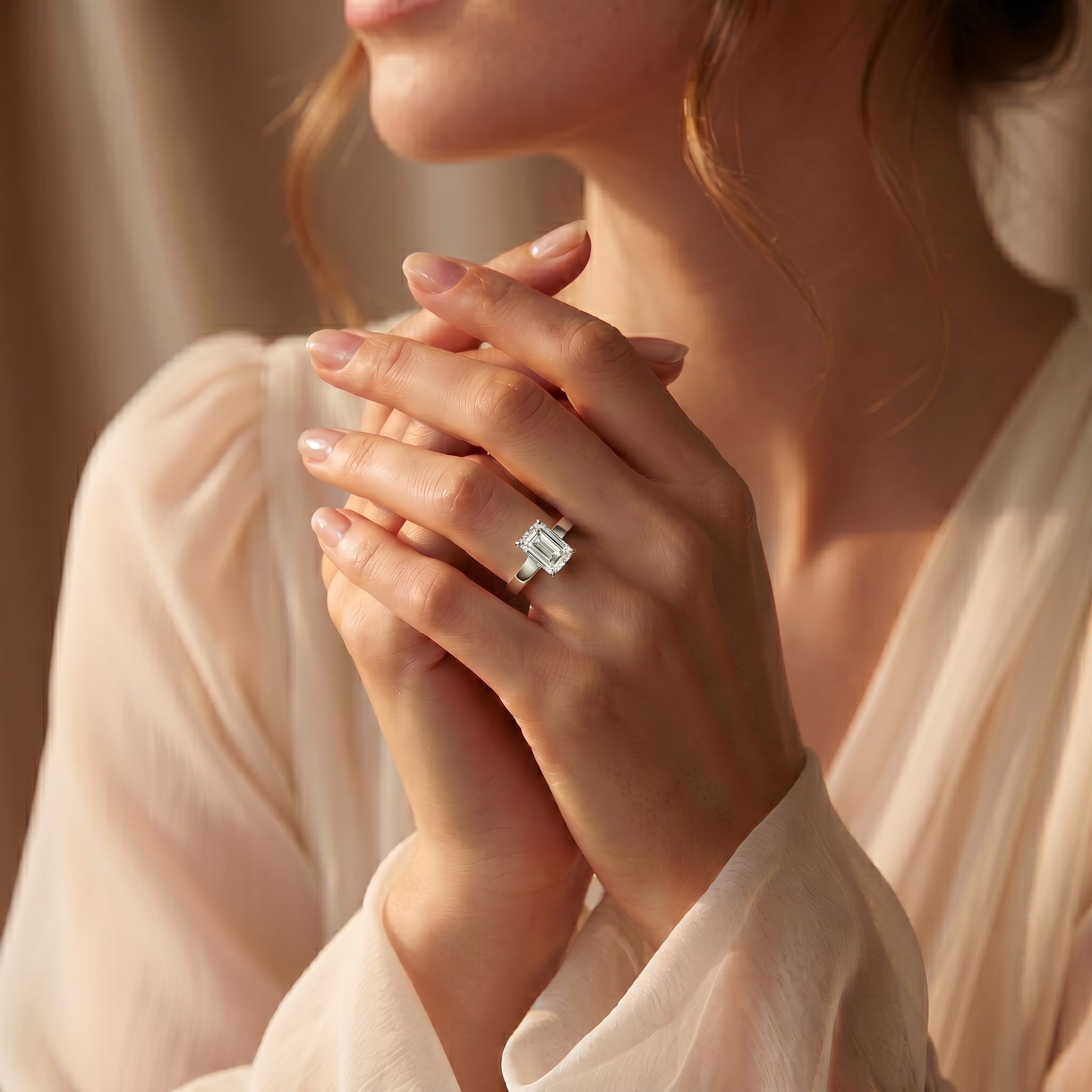 EMERALD CUT DIAMOND SOLITAIRE WIDE FLAT BAND RING