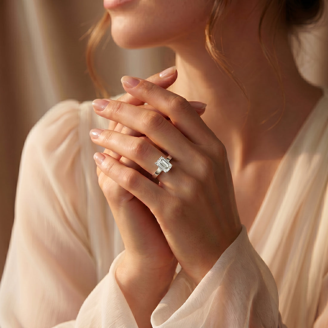 EMERALD CUT DIAMOND SOLITAIRE WIDE FLAT BAND RING
