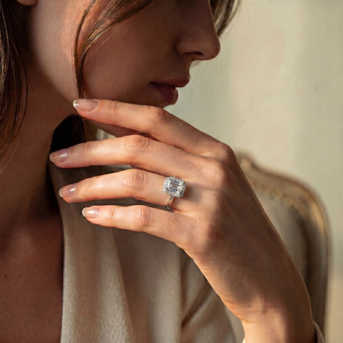 EMERALD CUT DIAMOND HALO RING