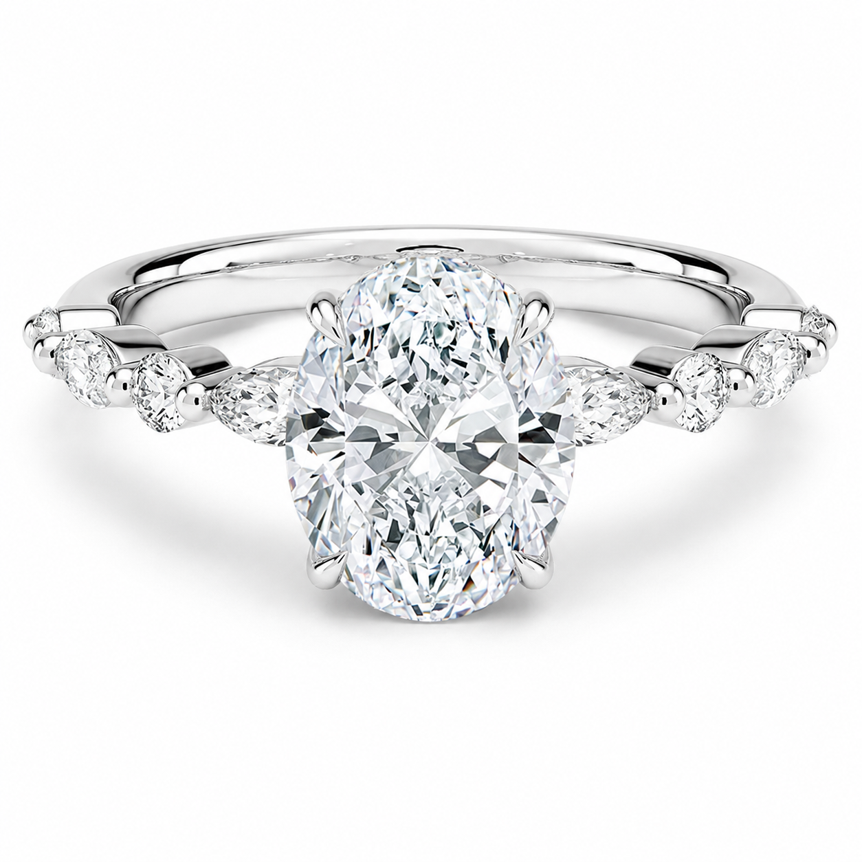 OVAL DIAMOND WITH SIDESTONES DIAMOND PAVE RING