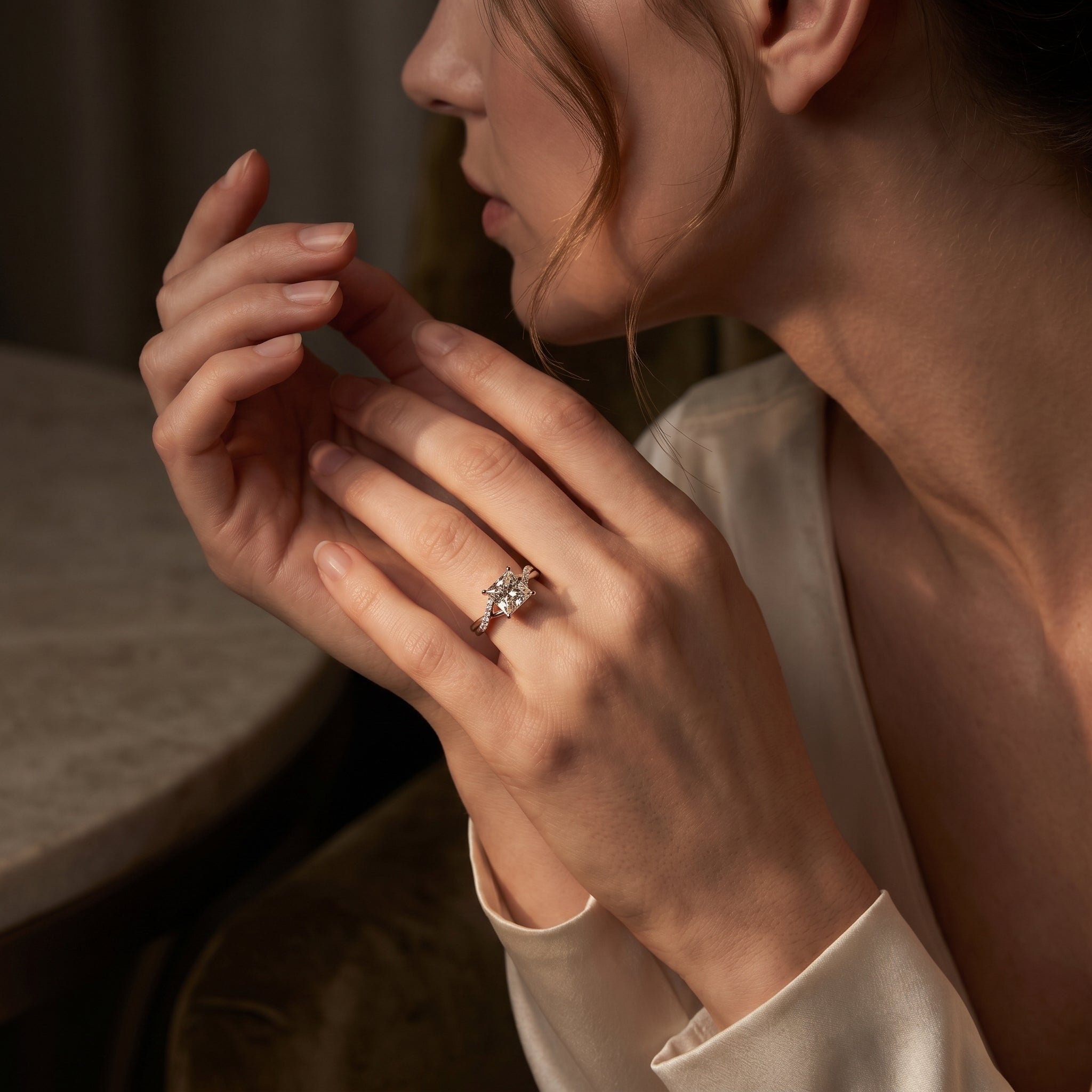 PRINCESS CUT DIAMOND V-SHANK PAVE RING