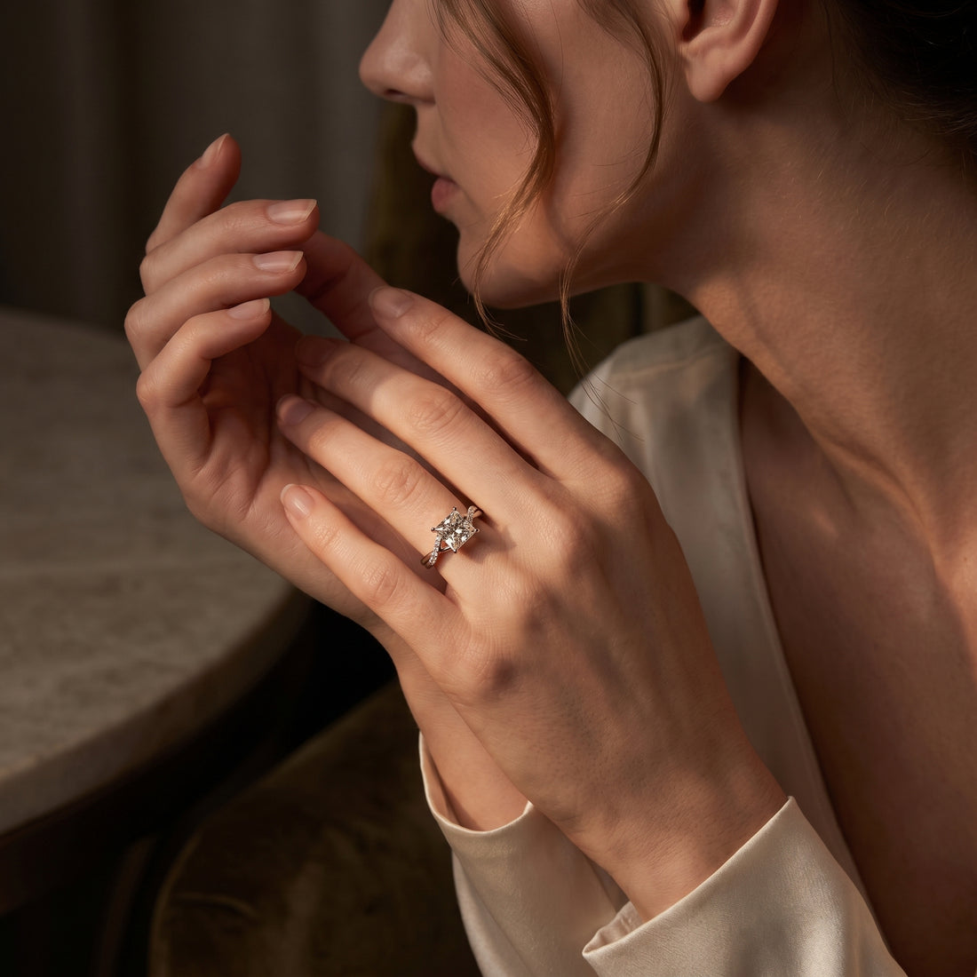 PRINCESS CUT DIAMOND V-SHANK PAVE RING